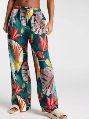 CALIA by Carrie Underwood Teal Tropical Wide-Leg Palm Print Pants